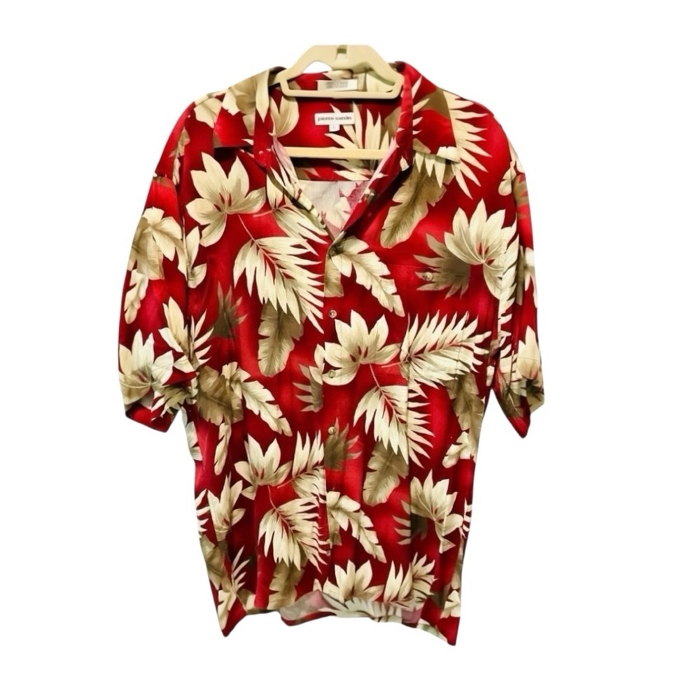 Vintage Pierre Cardin Hawaiian Shirt Men’s Large Red Floral Rayon Aloha